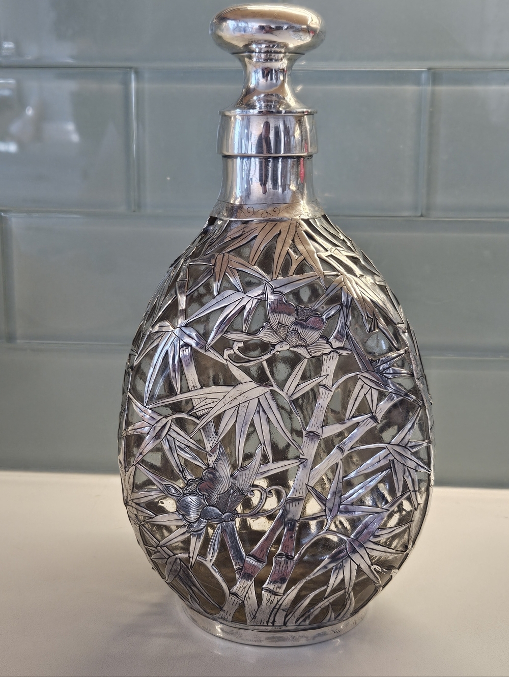 Antique Chinese Export Yu Chang Sterling Silver Caged Dimpled Glass Decanter